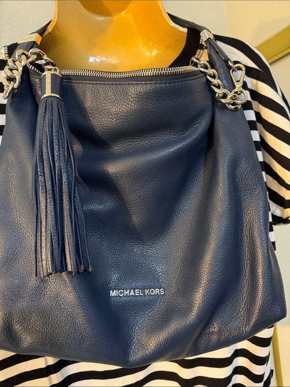 Michael Kors Navy Leather Tassel Shoulder Hobo